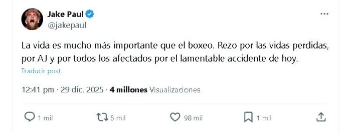 La reacción de Jake Paul tras el trágico accidente que protagonizó Anthony Joshua luego de la pelea que los enfrentó