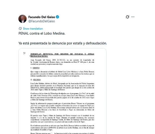 Denunciaron penalmente al árbitro Luis Lobo Medina, acusado de arreglar partidos