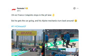 El problema que sufrió Colapinto a metros de los boxes en la práctica en China: la curiosa imagen con sus mecánicos