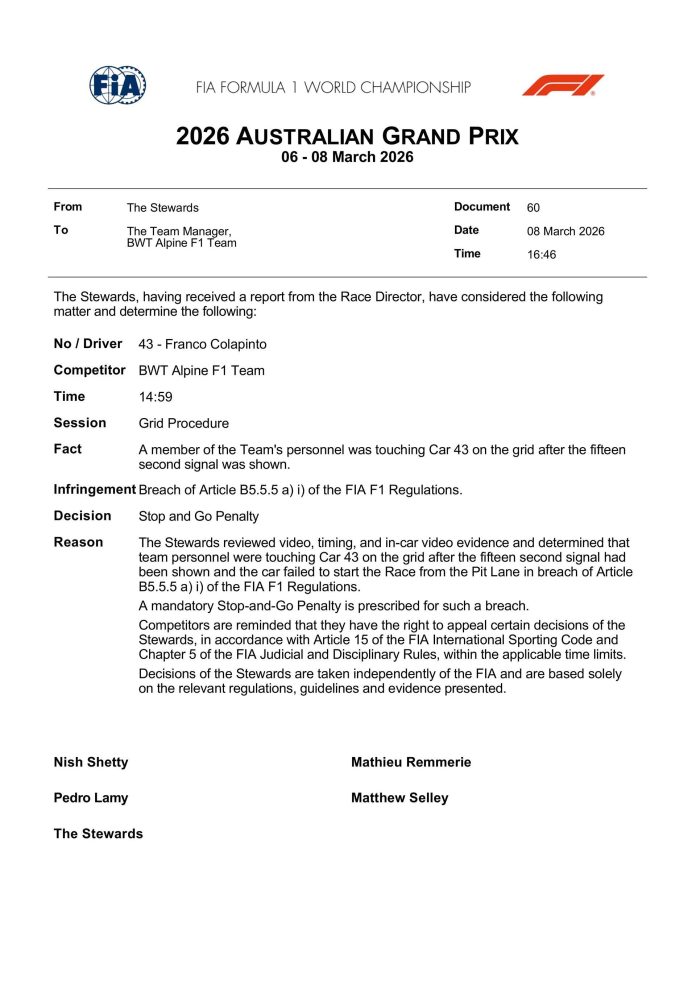 La autocrítica del director de Alpine por el error que le costó la sanción a Colapinto en la F1: la explicación de la FIA