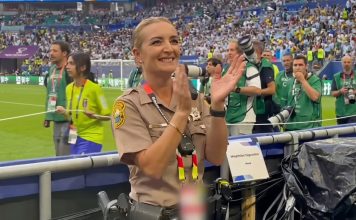 La policía uruguaya que se viralizó por cantar el himno mientras trabaja en el estadio de Miami