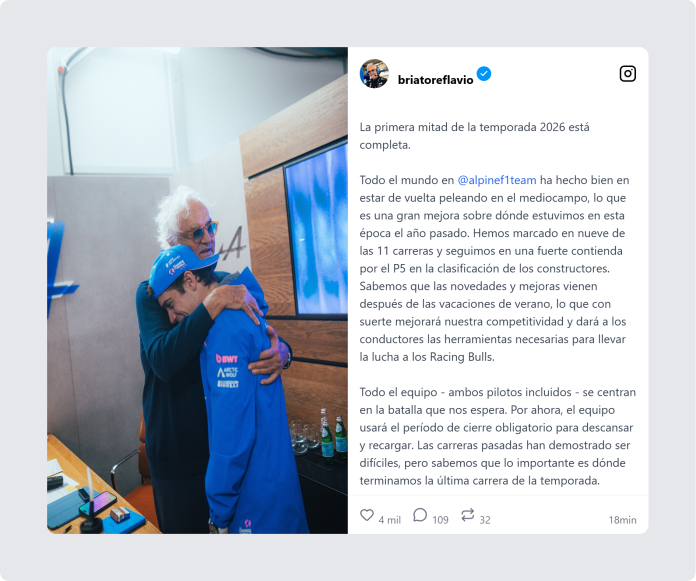 Las significativas fotos con Colapinto y Gasly que eligió Briatore para su análisis de la temporada de Alpine: “Todo el equipo está centrado en la batalla que se avecina”