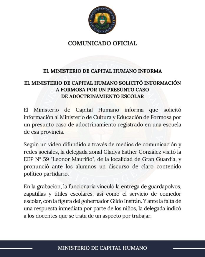 El Gobierno pidió iniciar una investigación por el caso de adoctrinamiento en una escuela primaria de Formosa